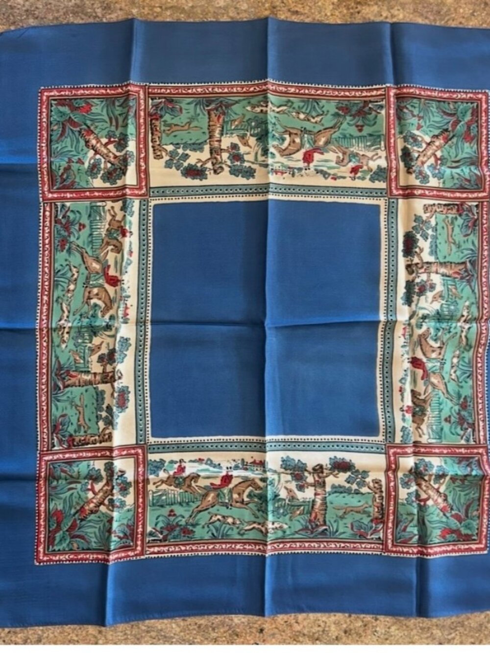 Vintage Hunting Scene Blue Border Silk Scarf Label has been removed